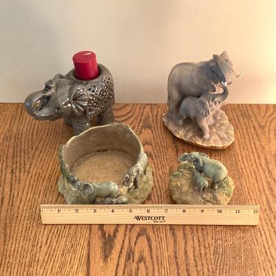 LOT 33: Wall Mount / Hanging Curio Cabinet with Glass Shelves & Doors with Collection of Collectible Elephant Decor