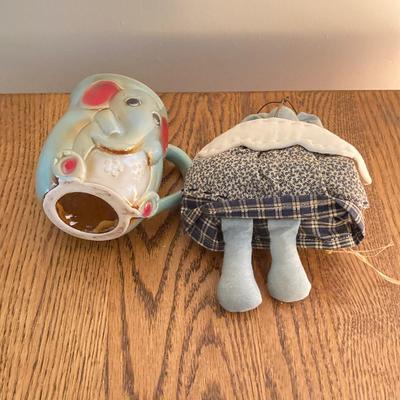 LOT 33: Wall Mount / Hanging Curio Cabinet with Glass Shelves & Doors with Collection of Collectible Elephant Decor