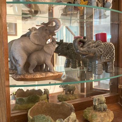 LOT 33: Wall Mount / Hanging Curio Cabinet with Glass Shelves & Doors with Collection of Collectible Elephant Decor
