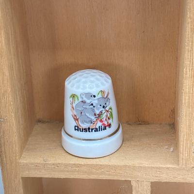 LOT 38: Wall Mount / Hanging Miniature Holder with Collection of Thimbles, Miniatures and More