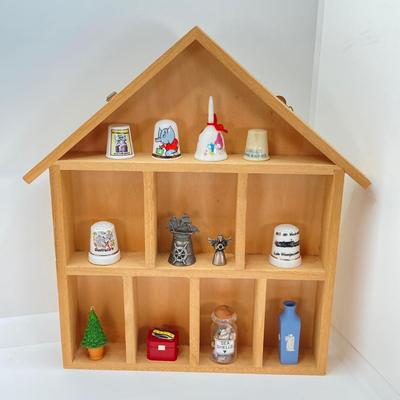 LOT 38: Wall Mount / Hanging Miniature Holder with Collection of Thimbles, Miniatures and More