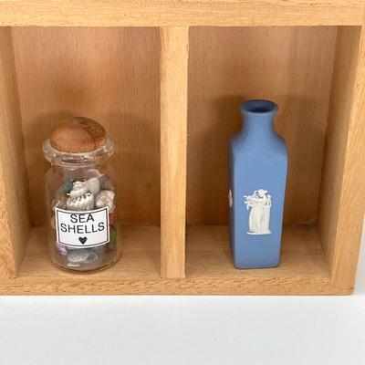 LOT 38: Wall Mount / Hanging Miniature Holder with Collection of Thimbles, Miniatures and More