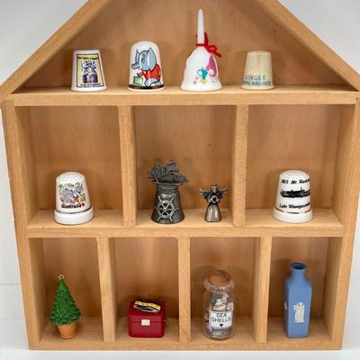 LOT 38: Wall Mount / Hanging Miniature Holder with Collection of Thimbles, Miniatures and More