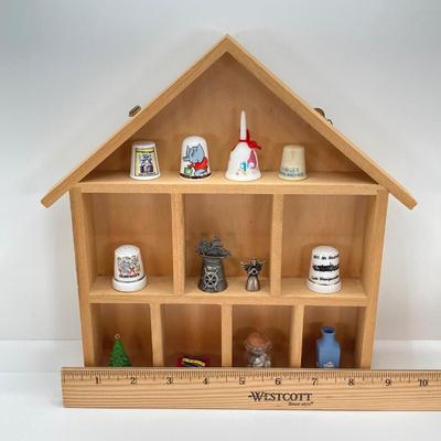 LOT 38: Wall Mount / Hanging Miniature Holder with Collection of Thimbles, Miniatures and More