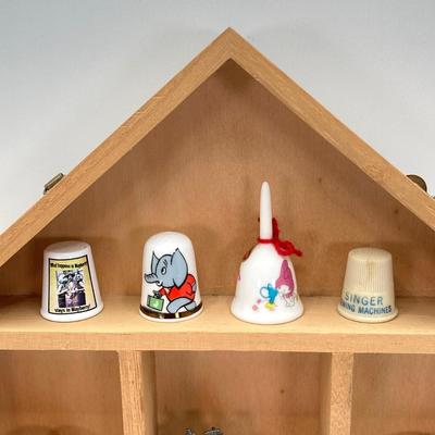 LOT 38: Wall Mount / Hanging Miniature Holder with Collection of Thimbles, Miniatures and More