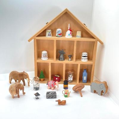 LOT 38: Wall Mount / Hanging Miniature Holder with Collection of Thimbles, Miniatures and More