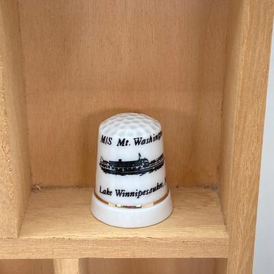 LOT 38: Wall Mount / Hanging Miniature Holder with Collection of Thimbles, Miniatures and More