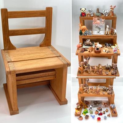 LOT 42: Wooden Reversible Display Chair with Large Collection of Miniatures - (Porcelain, Plastic and More)