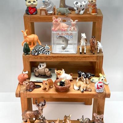 LOT 42: Wooden Reversible Display Chair with Large Collection of Miniatures - (Porcelain, Plastic and More)