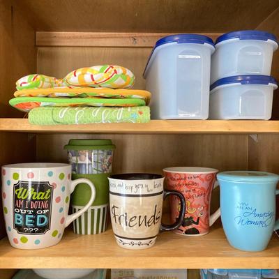 LOT 47: Kitchen Cabinet Finds - Mugs, Pyrex, Snapware, Tupperware and More