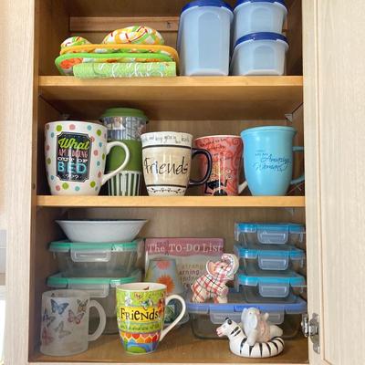 LOT 47: Kitchen Cabinet Finds - Mugs, Pyrex, Snapware, Tupperware and More