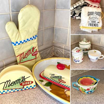 LOT 48: Kitchen Essentials - The Premier Woman Measuring Cups, Mom's Diner Napkin Holder / Butter Dish, Canisters, Towels and More