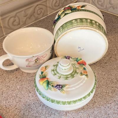 LOT 48: Kitchen Essentials - The Premier Woman Measuring Cups, Mom's Diner Napkin Holder / Butter Dish, Canisters, Towels and More