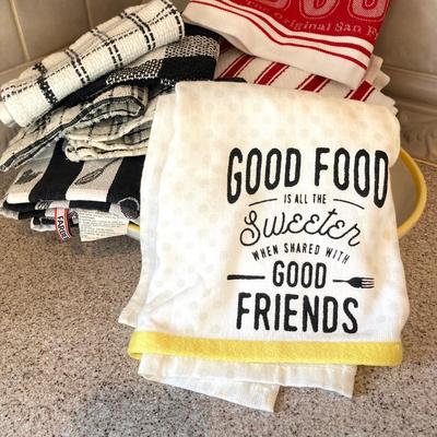 LOT 48: Kitchen Essentials - The Premier Woman Measuring Cups, Mom's Diner Napkin Holder / Butter Dish, Canisters, Towels and More