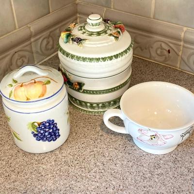 LOT 48: Kitchen Essentials - The Premier Woman Measuring Cups, Mom's Diner Napkin Holder / Butter Dish, Canisters, Towels and More
