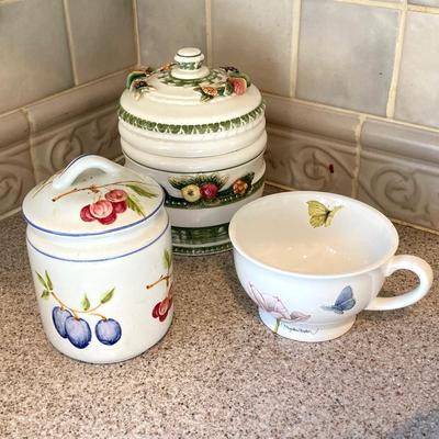 LOT 48: Kitchen Essentials - The Premier Woman Measuring Cups, Mom's Diner Napkin Holder / Butter Dish, Canisters, Towels and More