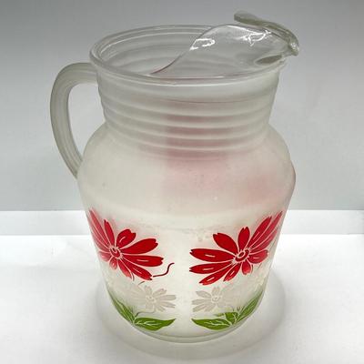 LOT 50: Beautiful Frosted Glass Pitcher with Six Ruby Red Drinking Glasses