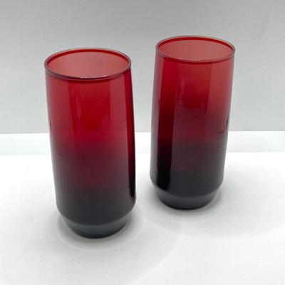 LOT 50: Beautiful Frosted Glass Pitcher with Six Ruby Red Drinking Glasses