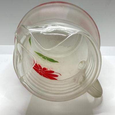 LOT 50: Beautiful Frosted Glass Pitcher with Six Ruby Red Drinking Glasses