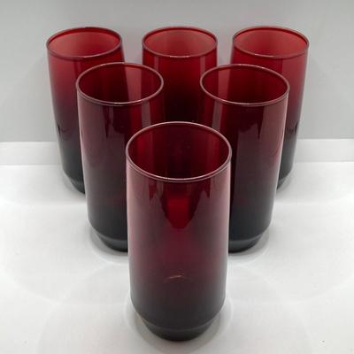 LOT 50: Beautiful Frosted Glass Pitcher with Six Ruby Red Drinking Glasses