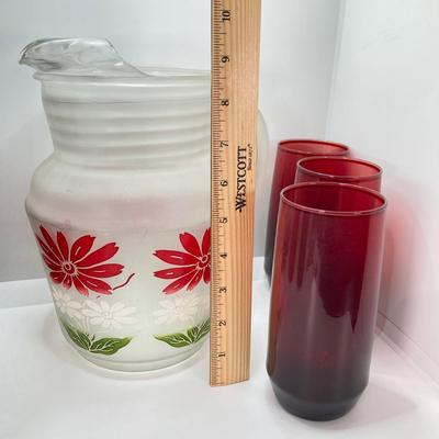 LOT 50: Beautiful Frosted Glass Pitcher with Six Ruby Red Drinking Glasses