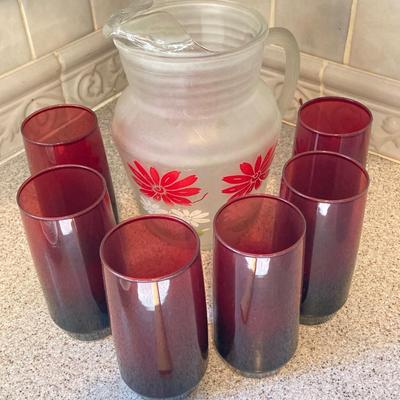 LOT 50: Beautiful Frosted Glass Pitcher with Six Ruby Red Drinking Glasses
