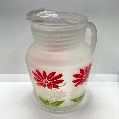 LOT 50: Beautiful Frosted Glass Pitcher with Six Ruby Red Drinking Glasses