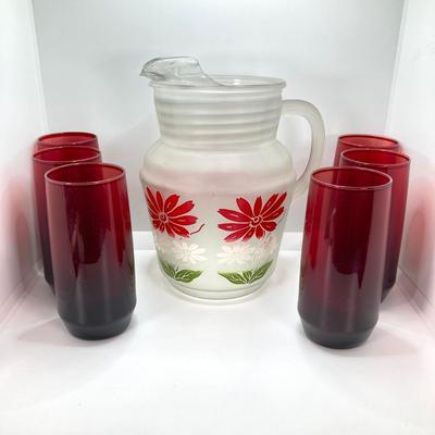 LOT 50: Beautiful Frosted Glass Pitcher with Six Ruby Red Drinking Glasses