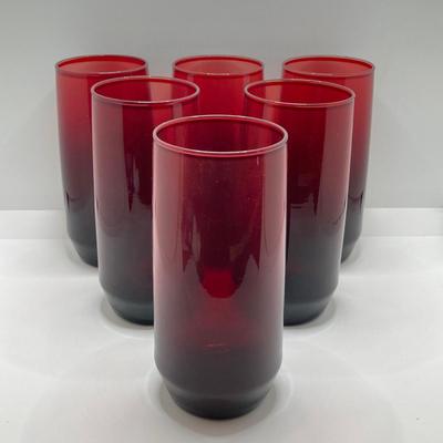 LOT 50: Beautiful Frosted Glass Pitcher with Six Ruby Red Drinking Glasses