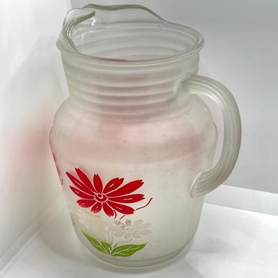 LOT 50: Beautiful Frosted Glass Pitcher with Six Ruby Red Drinking Glasses