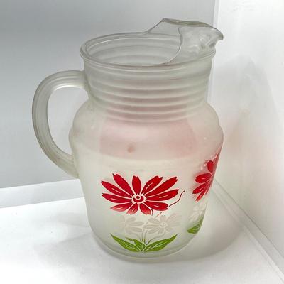 LOT 50: Beautiful Frosted Glass Pitcher with Six Ruby Red Drinking Glasses