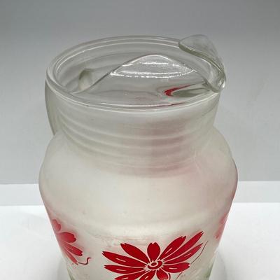 LOT 50: Beautiful Frosted Glass Pitcher with Six Ruby Red Drinking Glasses