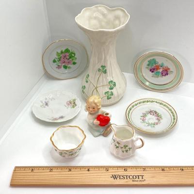 LOT 54: Vintage Belleek Ireland Daisy Spill Vase, Goebel Angel Candle Holder (W Germany) Figurine, Royal Tara Ireland and More