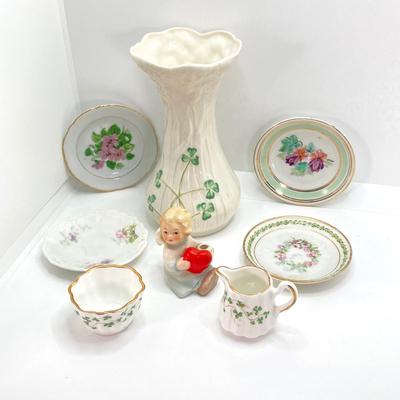 LOT 54: Vintage Belleek Ireland Daisy Spill Vase, Goebel Angel Candle Holder (W Germany) Figurine, Royal Tara Ireland and More