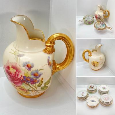 LOT 55: Gorgeous Painted Royal Worchester England 1094 Ra. No. 29115 Pitcher, Tea Bag Strainers and Holders