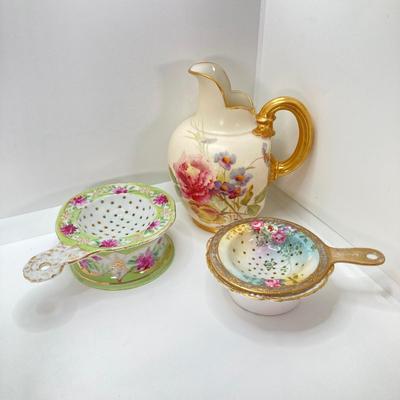 LOT 55: Gorgeous Painted Royal Worchester England 1094 Ra. No. 29115 Pitcher, Tea Bag Strainers and Holders