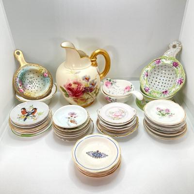 LOT 55: Gorgeous Painted Royal Worchester England 1094 Ra. No. 29115 Pitcher, Tea Bag Strainers and Holders