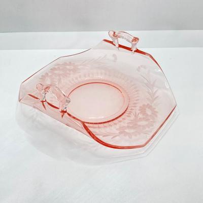 LOT 57: Beautiful Blue Glass Vase, Drinking Glasses with Pink Depression Glass Dish with Handles