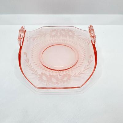 LOT 57: Beautiful Blue Glass Vase, Drinking Glasses with Pink Depression Glass Dish with Handles