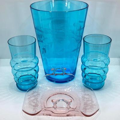 LOT 57: Beautiful Blue Glass Vase, Drinking Glasses with Pink Depression Glass Dish with Handles