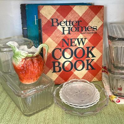 LOT 61: Vintage Pryrex Refrigerator Dishes with Lids, Limoges Small Plates, Better Homes and Gardens Cookbooks and More