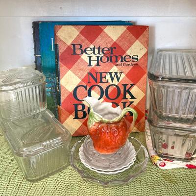 LOT 61: Vintage Pryrex Refrigerator Dishes with Lids, Limoges Small Plates, Better Homes and Gardens Cookbooks and More