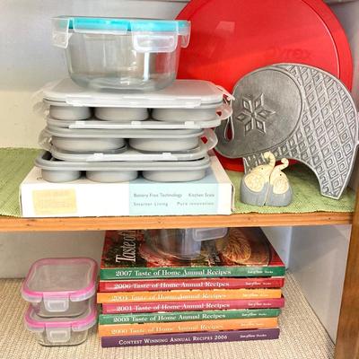 LOT 62: Kitchen Essentials - Pyrex Bowl, Scale, Storage Containers, Trivet and More