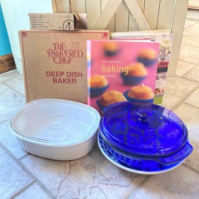 LOT 64: Kitchen Essentials Collection - Pampered Chef Deep Dish Baker, Corning Ware, Anchor Hocking, Williams - Sonoma, Cookbooks and More