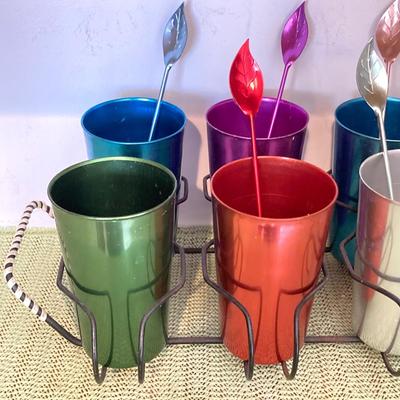 LOT 65: Cool and Colorful - Bascal Aluminum Anodized Drinking Tumblers, Stirrers, Coasters with Holding Rack