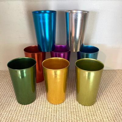 LOT 65: Cool and Colorful - Bascal Aluminum Anodized Drinking Tumblers, Stirrers, Coasters with Holding Rack