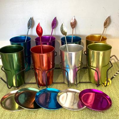 LOT 65: Cool and Colorful - Bascal Aluminum Anodized Drinking Tumblers, Stirrers, Coasters with Holding Rack