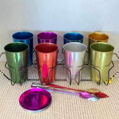 LOT 65: Cool and Colorful - Bascal Aluminum Anodized Drinking Tumblers, Stirrers, Coasters with Holding Rack
