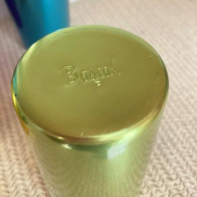 LOT 65: Cool and Colorful - Bascal Aluminum Anodized Drinking Tumblers, Stirrers, Coasters with Holding Rack