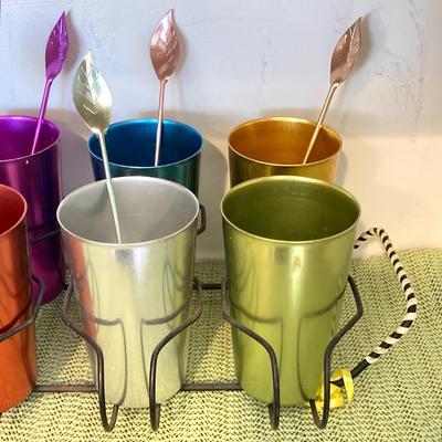 LOT 65: Cool and Colorful - Bascal Aluminum Anodized Drinking Tumblers, Stirrers, Coasters with Holding Rack